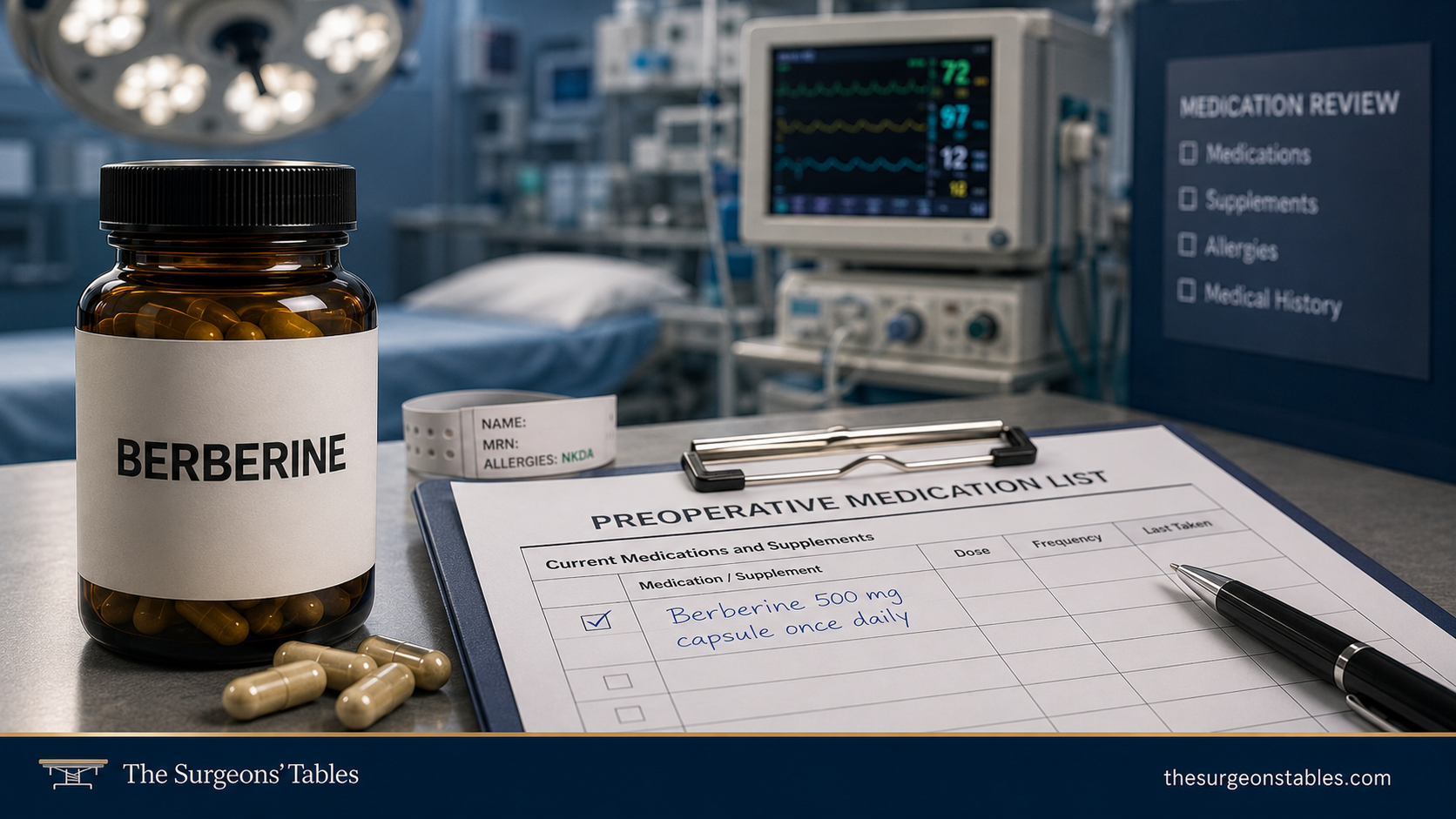 Berberine supplement bottle beside a preoperative medication list with an anesthesia setting in the background.
