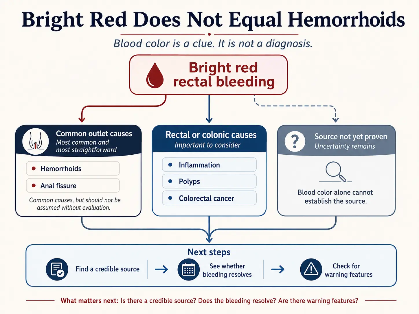 Diagram showing that bright red rectal bleeding may come from hemorrhoids or a fissure, colorectal disease, or an unidentified source, so blood color alone cannot establish the diagnosis.