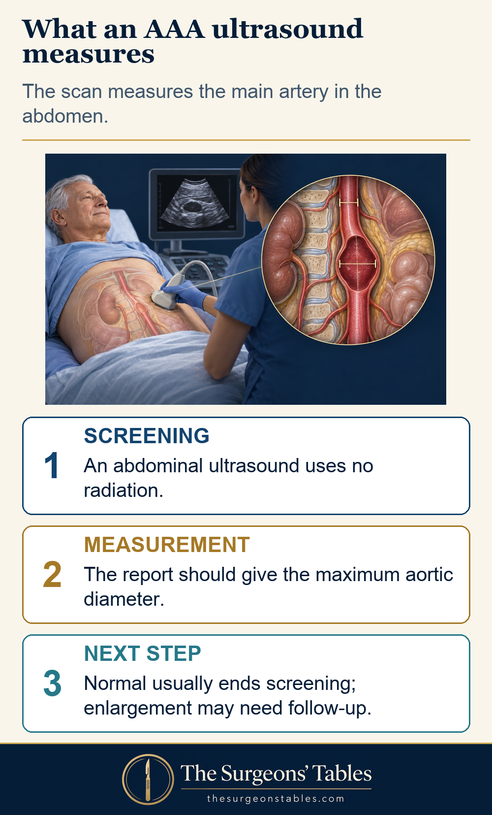 Abdominal ultrasound measures the maximum diameter of the aorta to guide screening and follow-up.