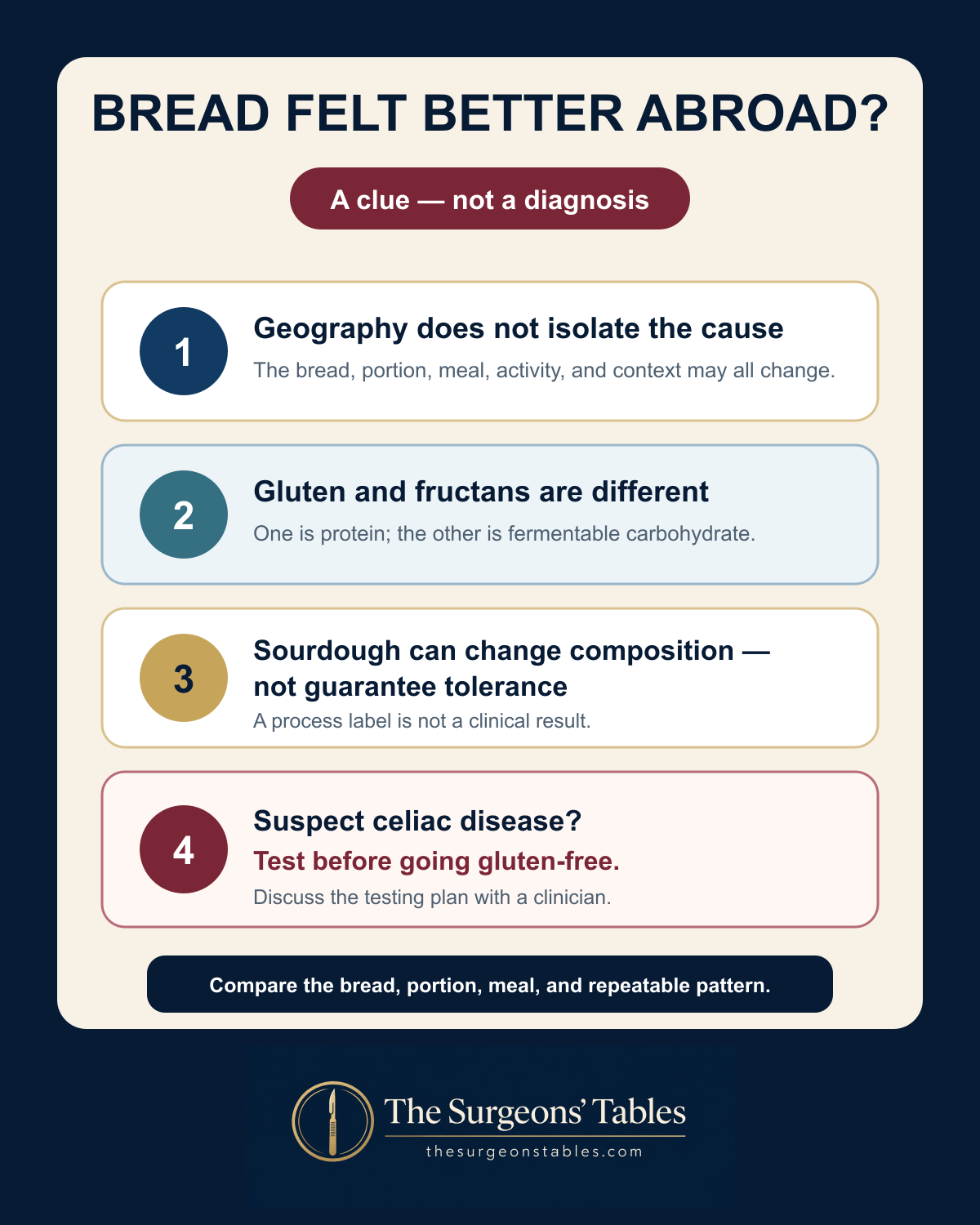 Four-point infographic explaining that feeling better after eating bread abroad is a clue rather than a diagnosis and that celiac testing should precede a gluten-free diet.