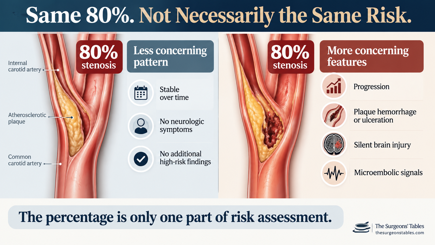Comparison showing why two patients with the same 80 percent carotid stenosis may have different risk depending on plaque behavior, progression, and other clinical findings.