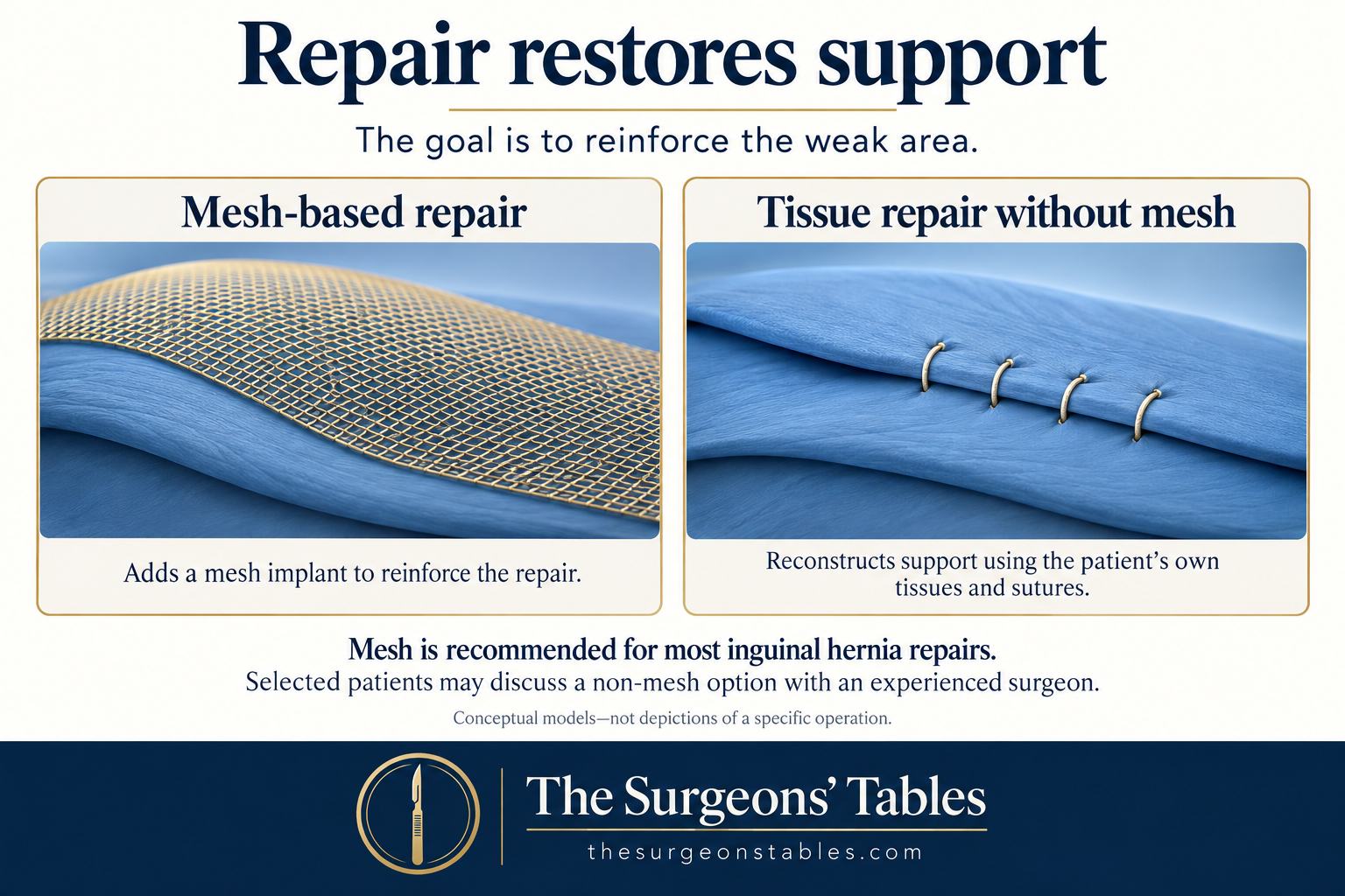 Conceptual models of mesh reinforcement and reconstruction with overlapping tissue and sutures.