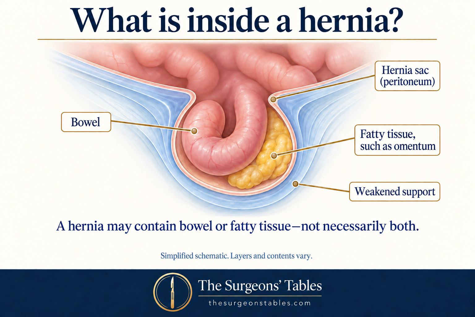 Schematic showing a continuous peritoneal hernia sac with examples of bowel and omental fat.