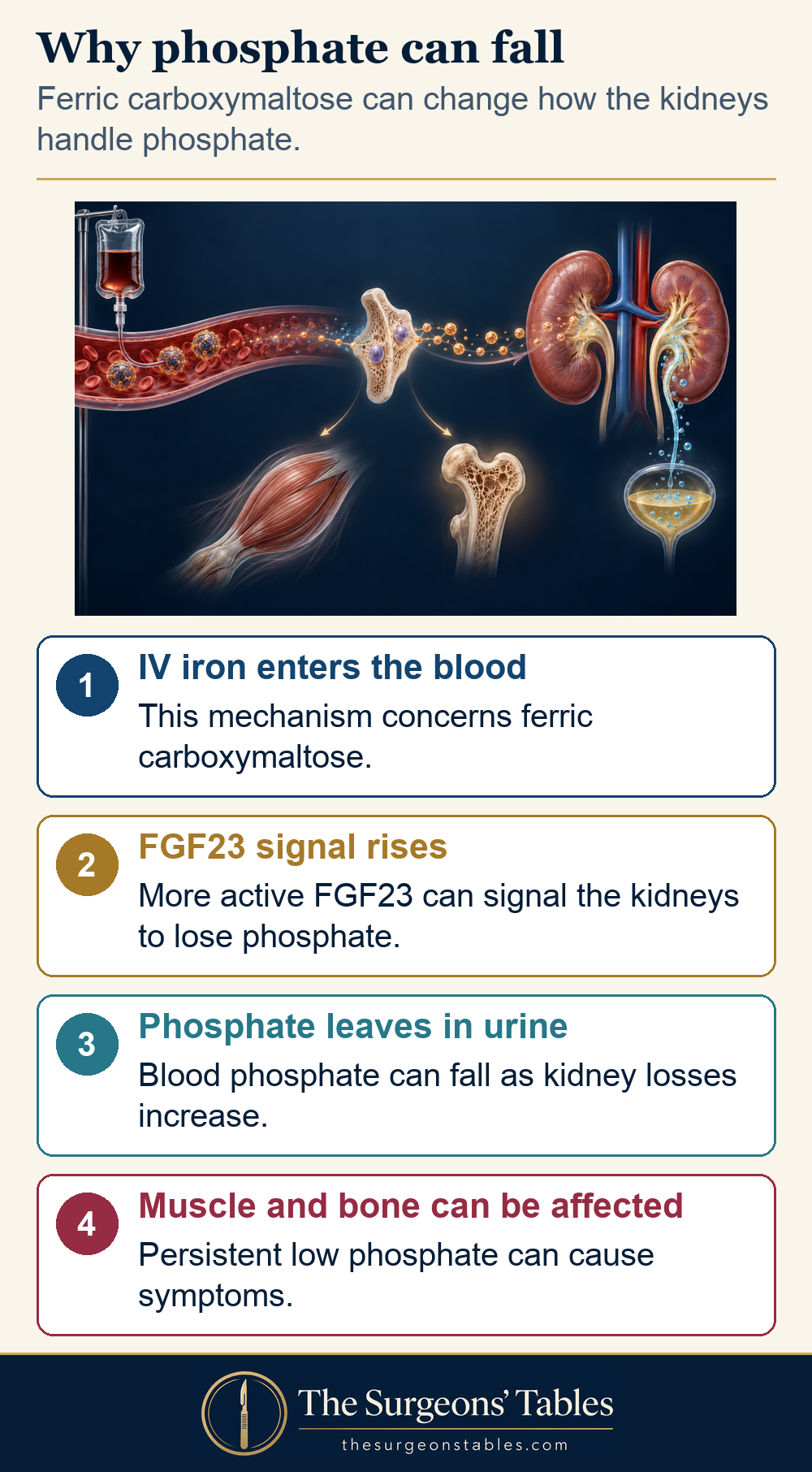 Ferric carboxymaltose can raise active FGF23, causing kidney phosphate loss and effects on muscle and bone.