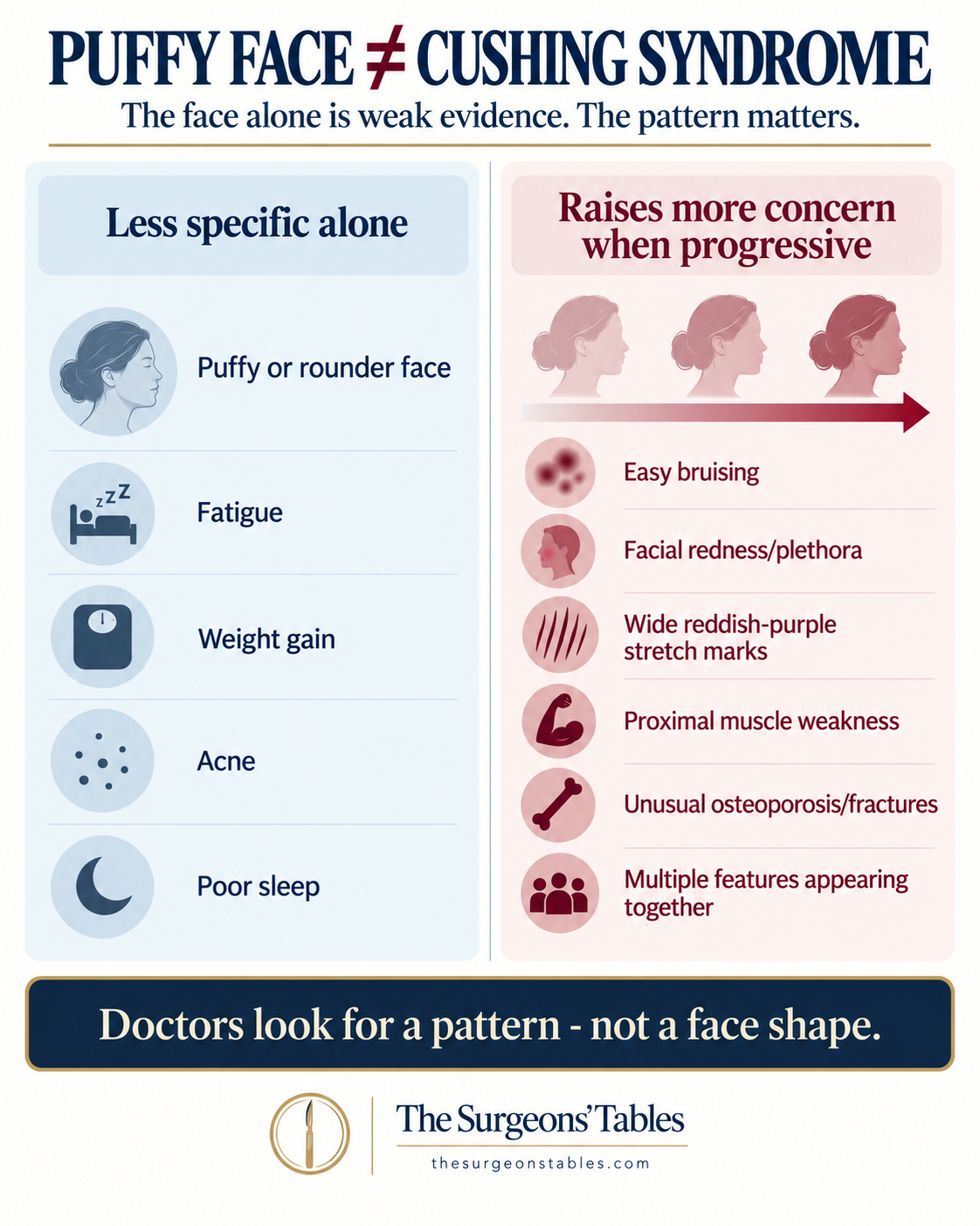 Comparison of nonspecific facial puffiness and common symptoms with progressive clinical features that can raise concern for Cushing syndrome