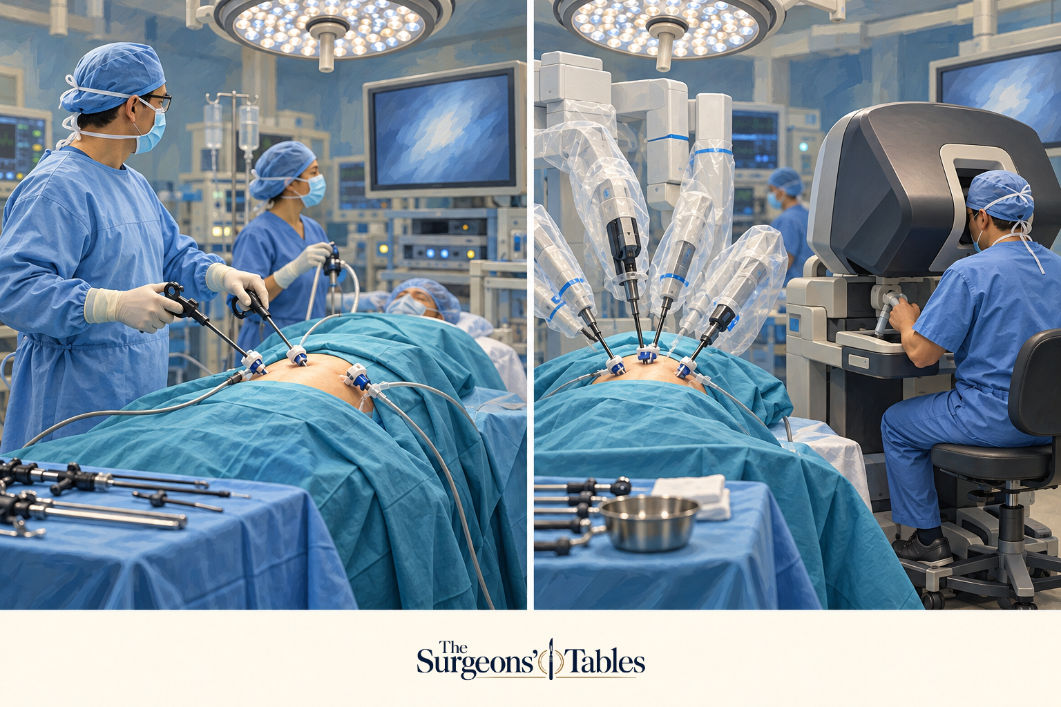 Illustration comparing a surgeon directly controlling laparoscopic instruments with a surgeon controlling a robotic surgical system.
