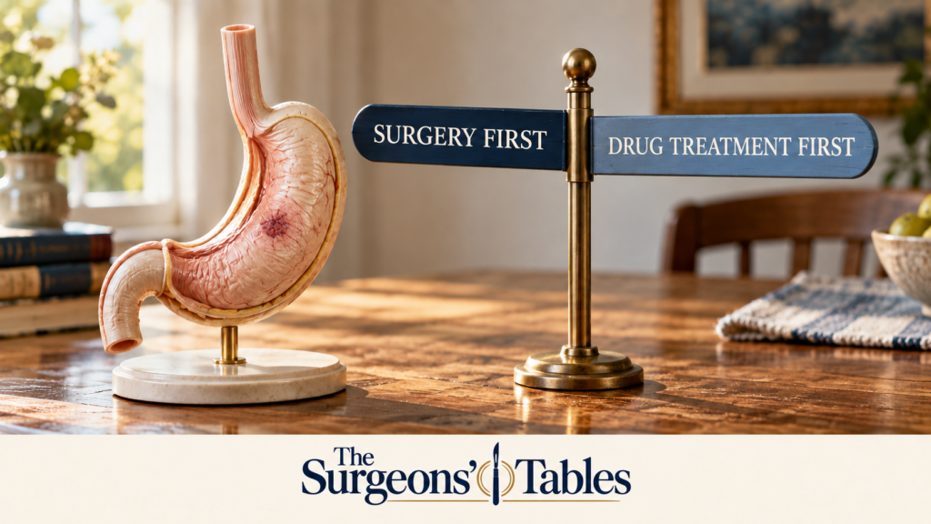 A stomach teaching model sits beside a two-sided signpost reading surgery first and drug treatment first.